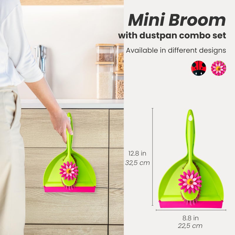 Vigar Flower Power Dust Pan and Brush Handy Set, 12-3/4-Inches, Green, Pink - Image 3